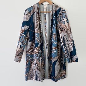 Chico's Jacket Women's 2 L 12 Blue Brown Beige Paisley Open Front Floral Boho
